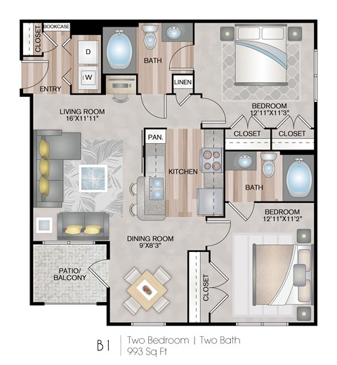 Floor plan for 2 beds, 2 baths, 993 sqft
